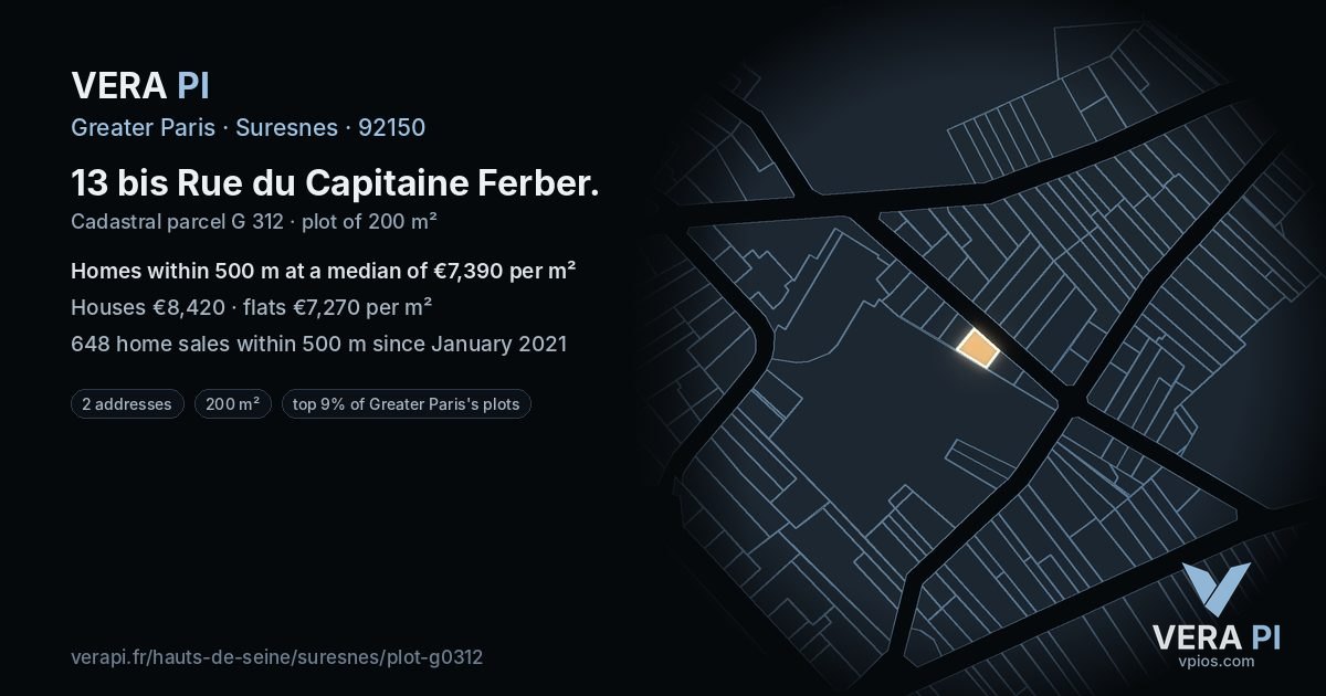 13 bis Rue du Capitaine Ferber, Suresnes at night – the plot lit, the parcels around coloured by the prices near them