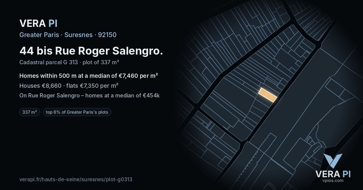 44 bis Rue Roger Salengro, Suresnes at night – the plot lit, the parcels around coloured by the prices near them