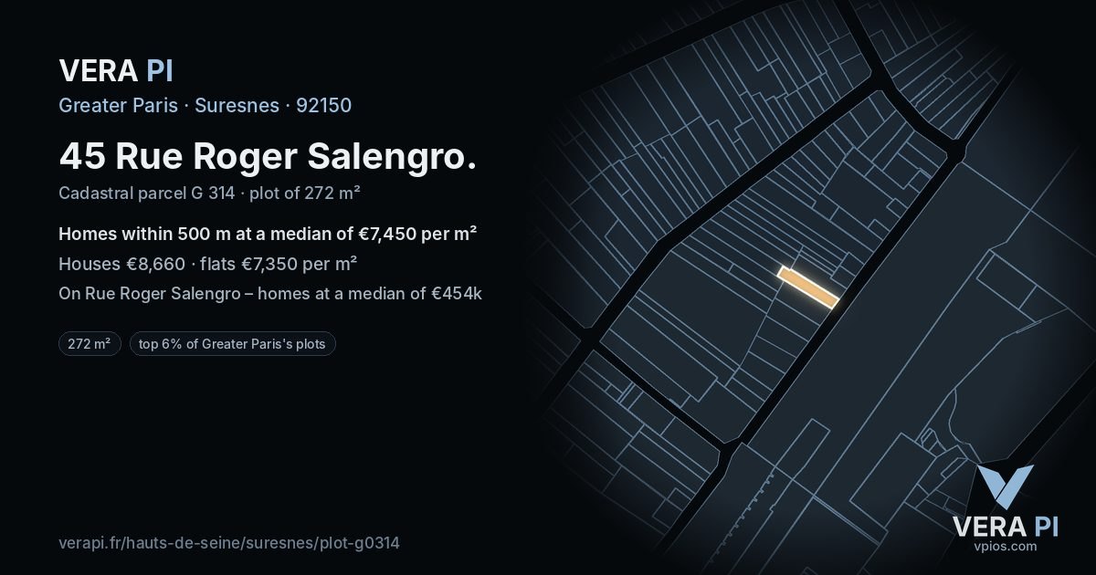 45 Rue Roger Salengro, Suresnes at night – the plot lit, the parcels around coloured by the prices near them