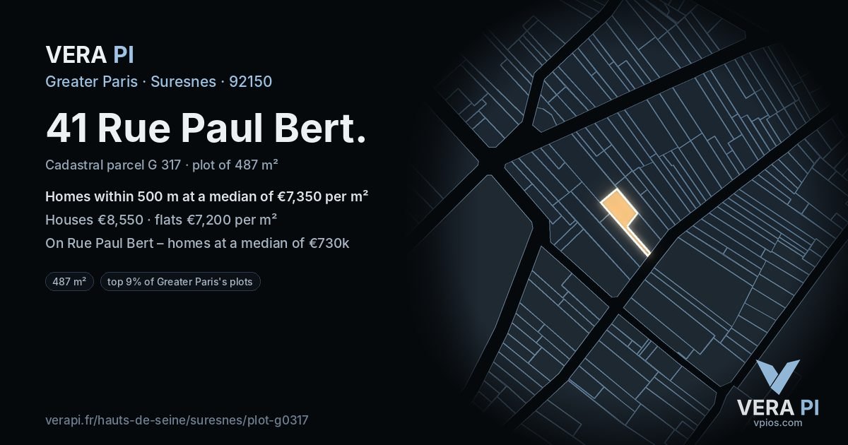 41 Rue Paul Bert, Suresnes at night – the plot lit, the parcels around coloured by the prices near them