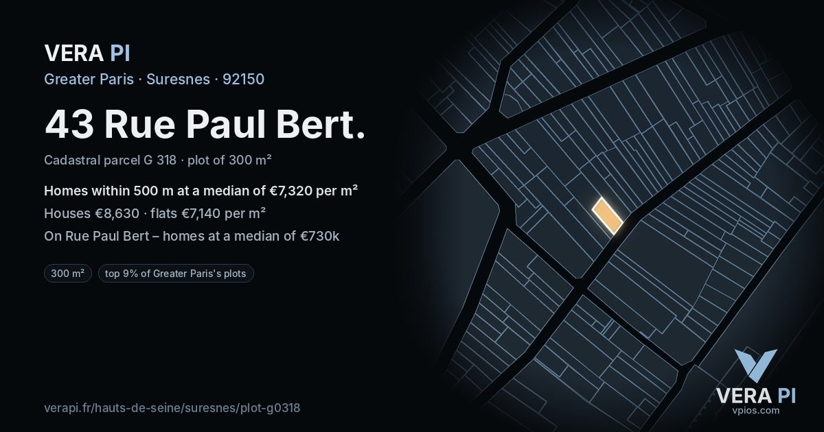 43 Rue Paul Bert, Suresnes at night – the plot lit, the parcels around coloured by the prices near them