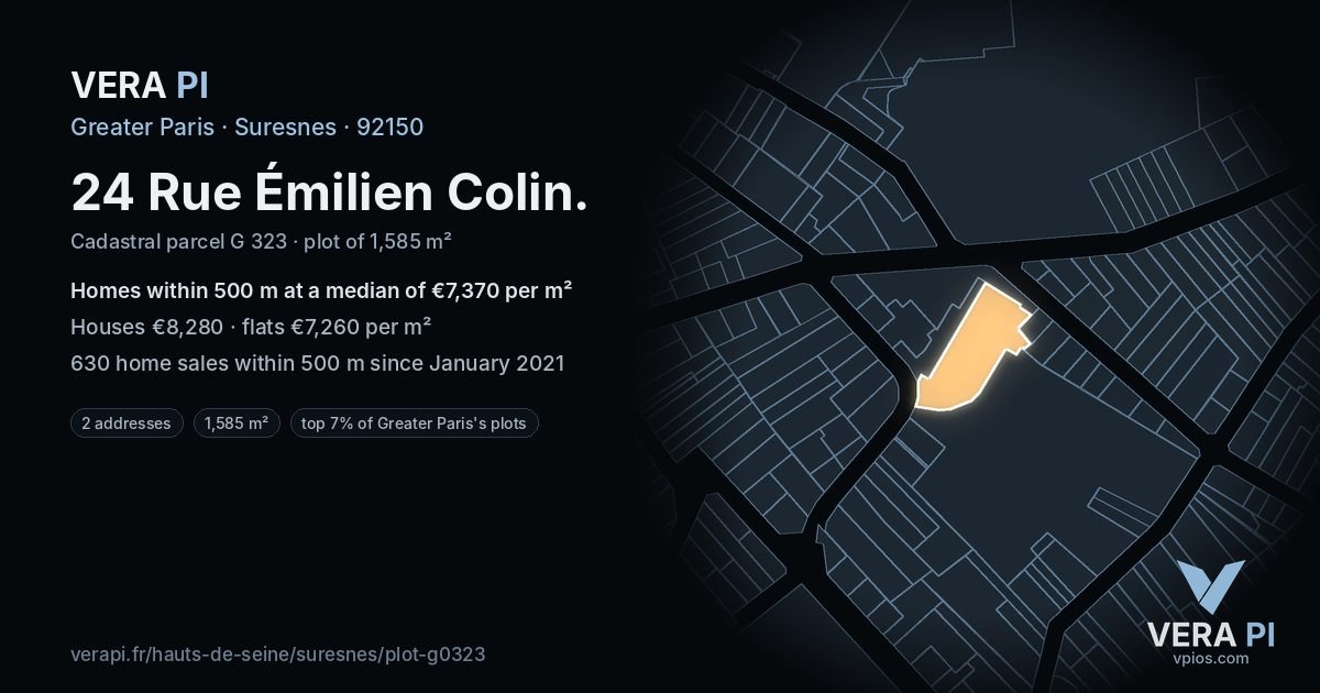 24 Rue Émilien Colin, Suresnes at night – the plot lit, the parcels around coloured by the prices near them