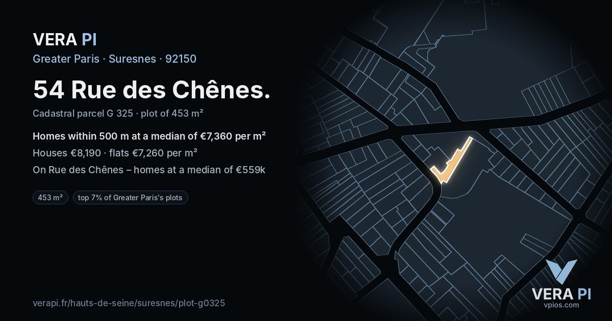54 Rue des Chênes, Suresnes at night – the plot lit, the parcels around coloured by the prices near them