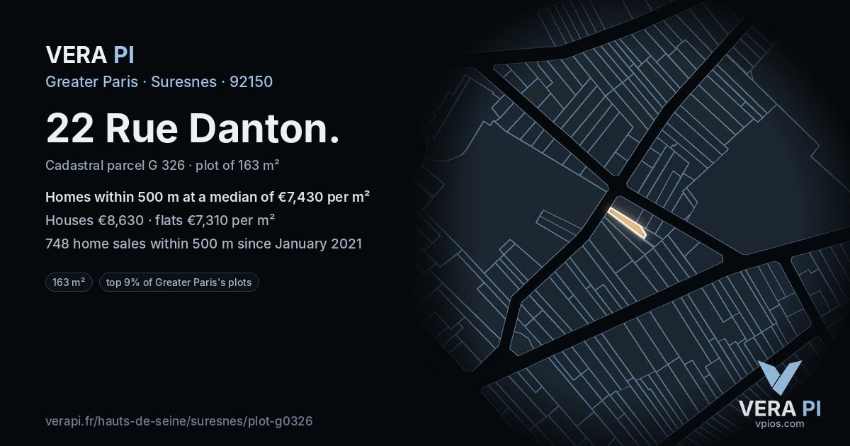 22 Rue Danton, Suresnes at night – the plot lit, the parcels around coloured by the prices near them