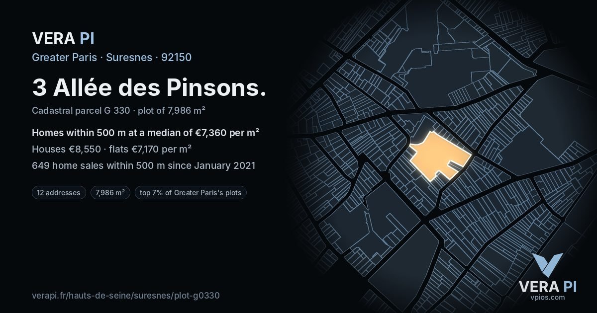 3 Allée des Pinsons, Suresnes at night – the plot lit, the parcels around coloured by the prices near them