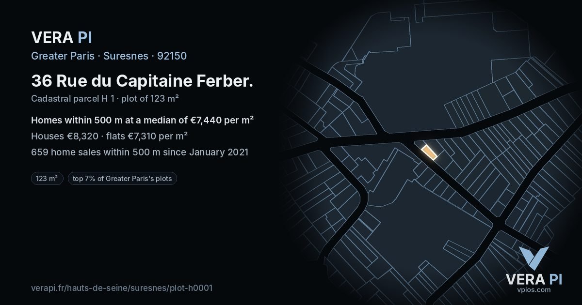 36 Rue du Capitaine Ferber, Suresnes at night – the plot lit, the parcels around coloured by the prices near them