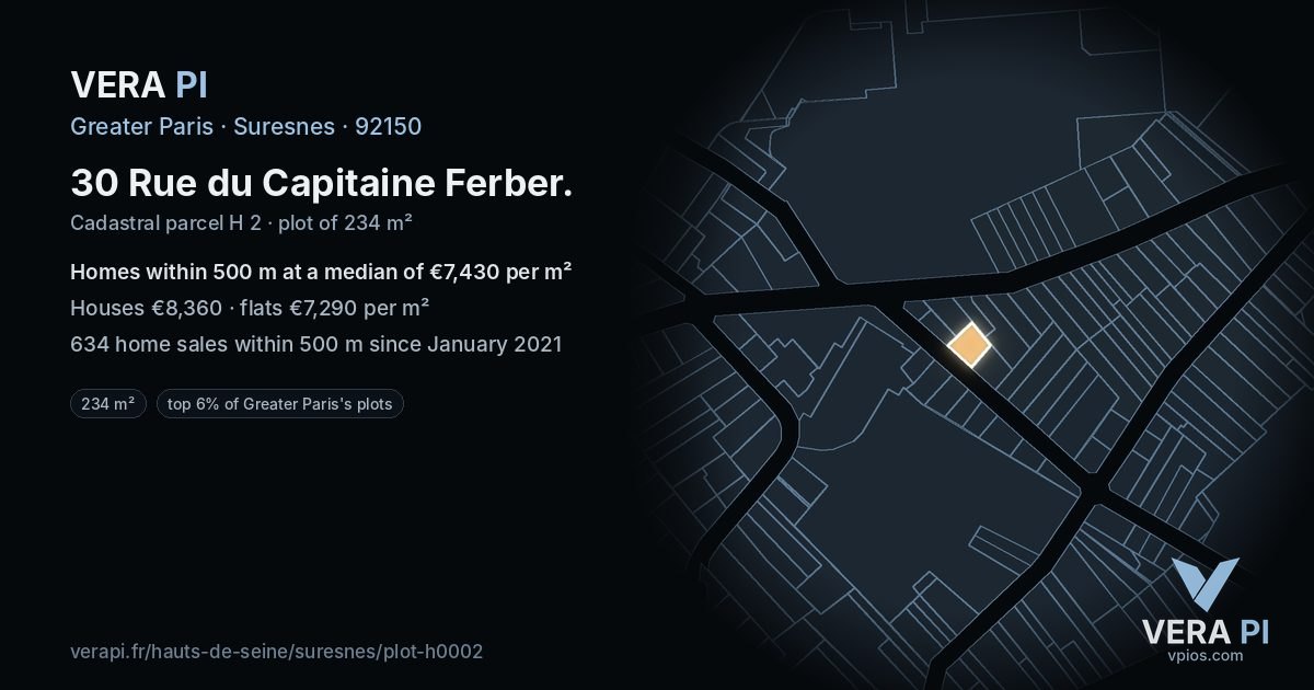 30 Rue du Capitaine Ferber, Suresnes at night – the plot lit, the parcels around coloured by the prices near them