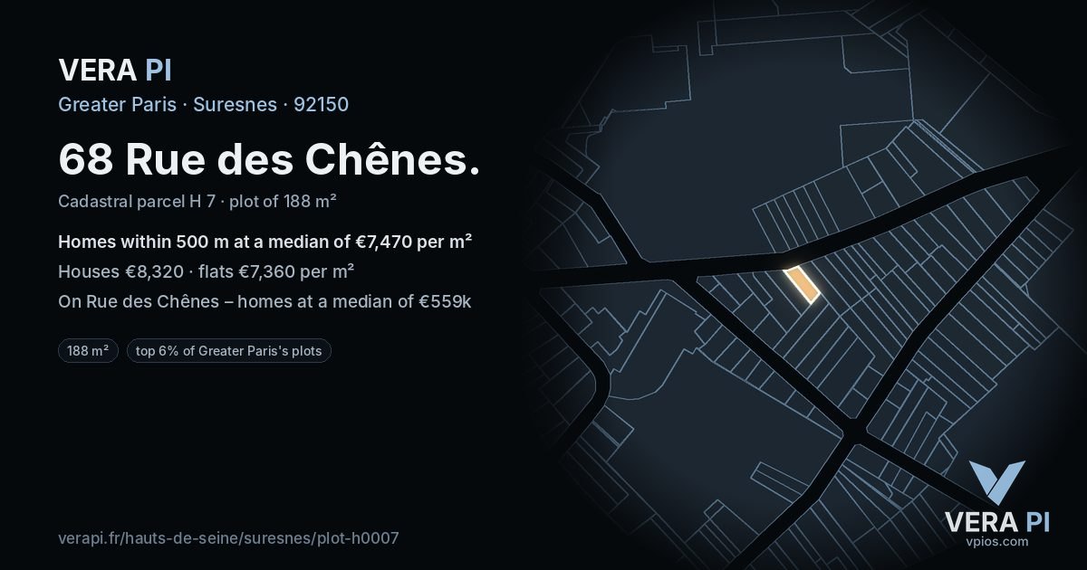 68 Rue des Chênes, Suresnes at night – the plot lit, the parcels around coloured by the prices near them