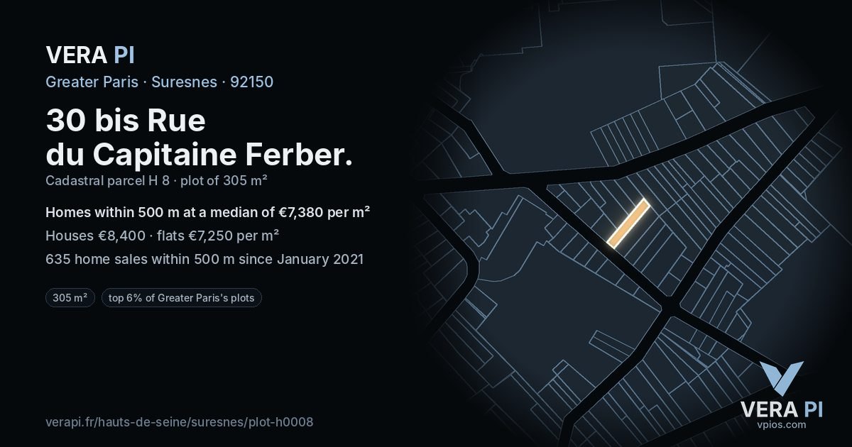 30 bis Rue du Capitaine Ferber, Suresnes at night – the plot lit, the parcels around coloured by the prices near them