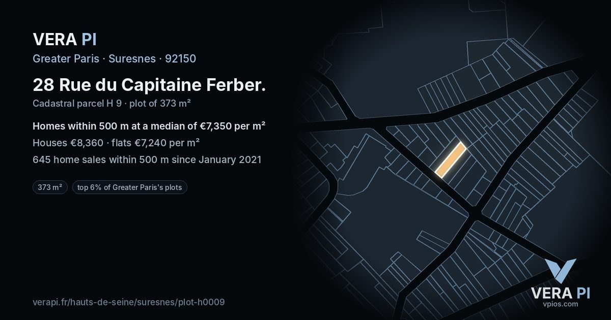 28 Rue du Capitaine Ferber, Suresnes at night – the plot lit, the parcels around coloured by the prices near them