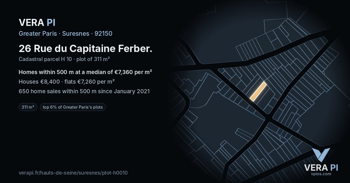 26 Rue du Capitaine Ferber, Suresnes at night – the plot lit, the parcels around coloured by the prices near them