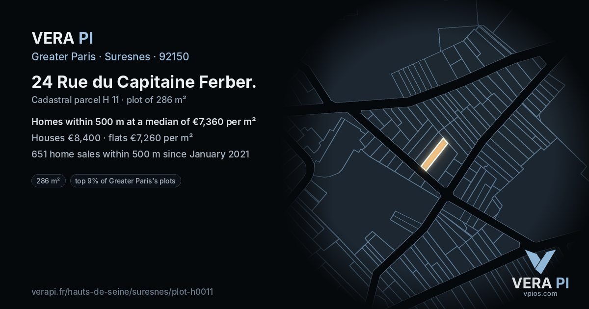 24 Rue du Capitaine Ferber, Suresnes at night – the plot lit, the parcels around coloured by the prices near them