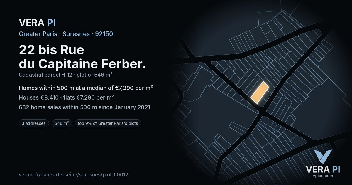 22 bis Rue du Capitaine Ferber, Suresnes at night – the plot lit, the parcels around coloured by the prices near them