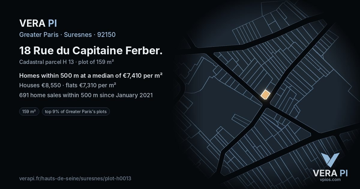 18 Rue du Capitaine Ferber, Suresnes at night – the plot lit, the parcels around coloured by the prices near them