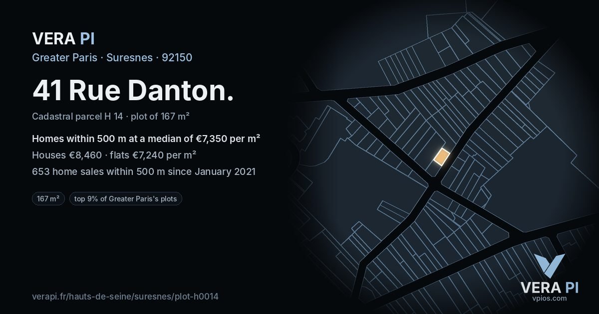 41 Rue Danton, Suresnes at night – the plot lit, the parcels around coloured by the prices near them
