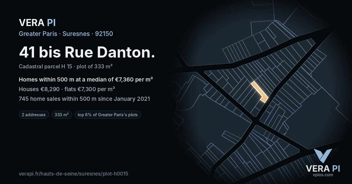 41 bis Rue Danton, Suresnes at night – the plot lit, the parcels around coloured by the prices near them