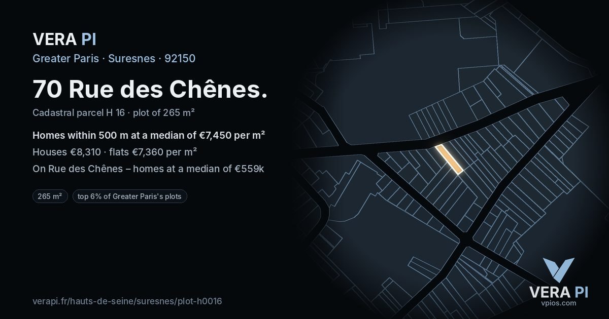 70 Rue des Chênes, Suresnes at night – the plot lit, the parcels around coloured by the prices near them