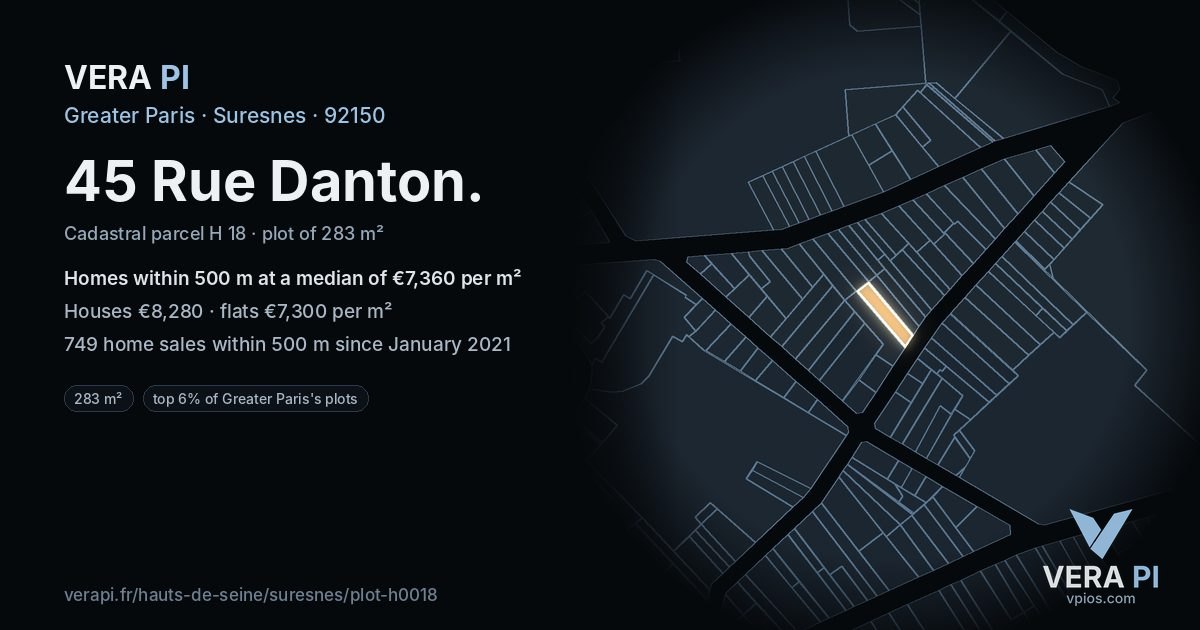 45 Rue Danton, Suresnes at night – the plot lit, the parcels around coloured by the prices near them