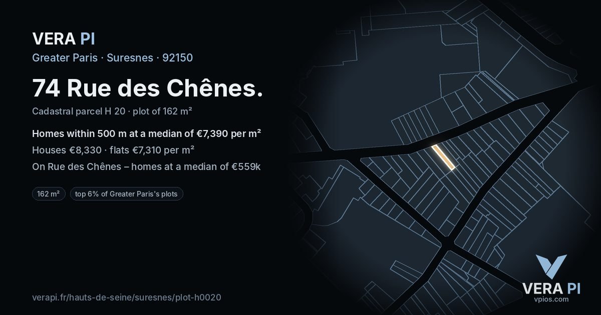 74 Rue des Chênes, Suresnes at night – the plot lit, the parcels around coloured by the prices near them