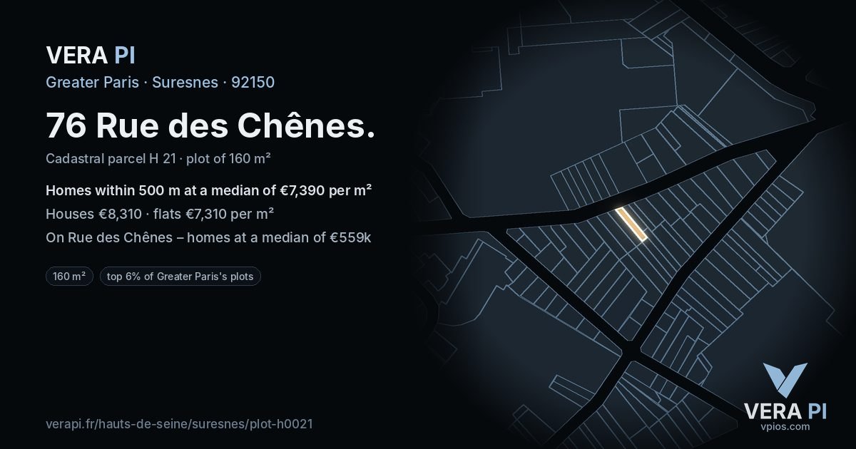 76 Rue des Chênes, Suresnes at night – the plot lit, the parcels around coloured by the prices near them