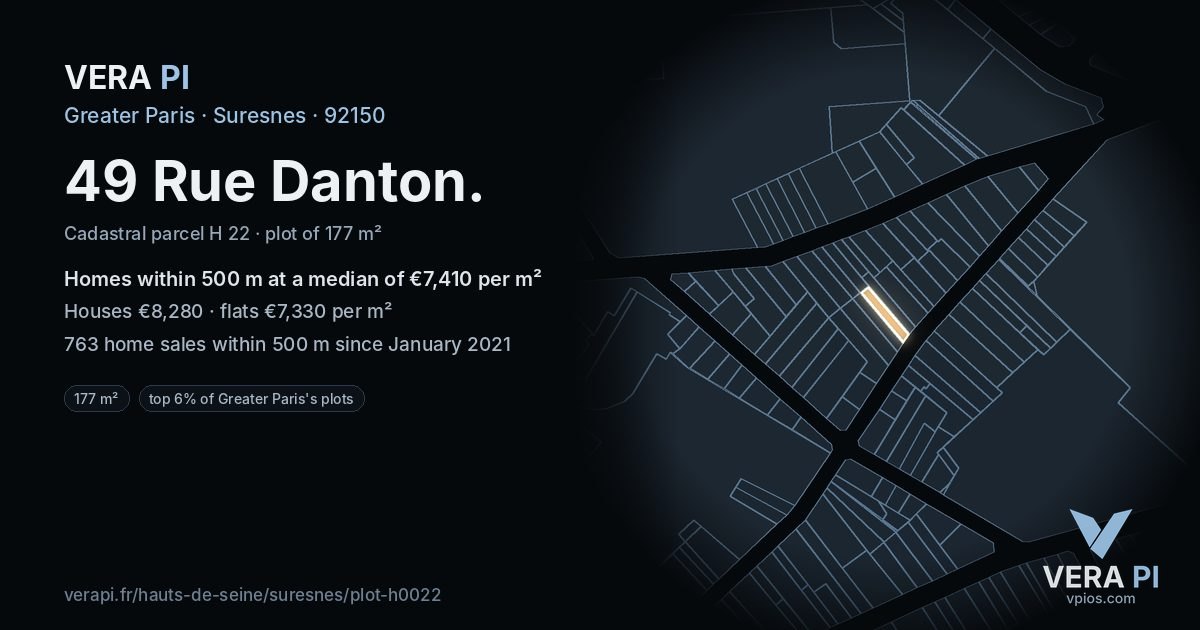 49 Rue Danton, Suresnes at night – the plot lit, the parcels around coloured by the prices near them