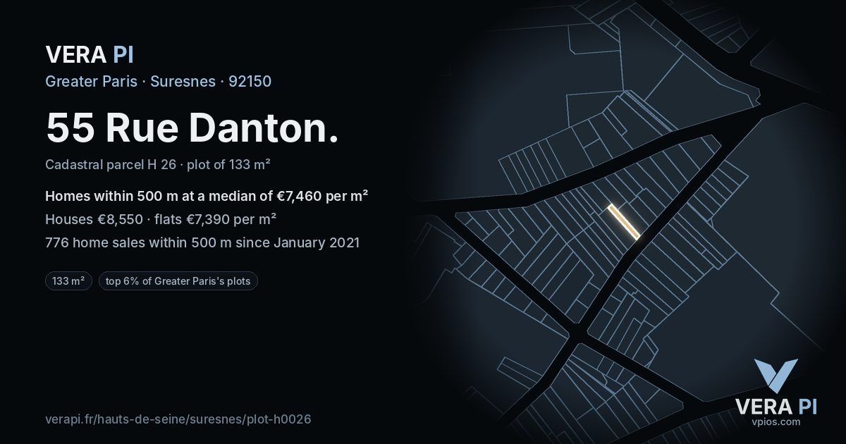 55 Rue Danton, Suresnes at night – the plot lit, the parcels around coloured by the prices near them