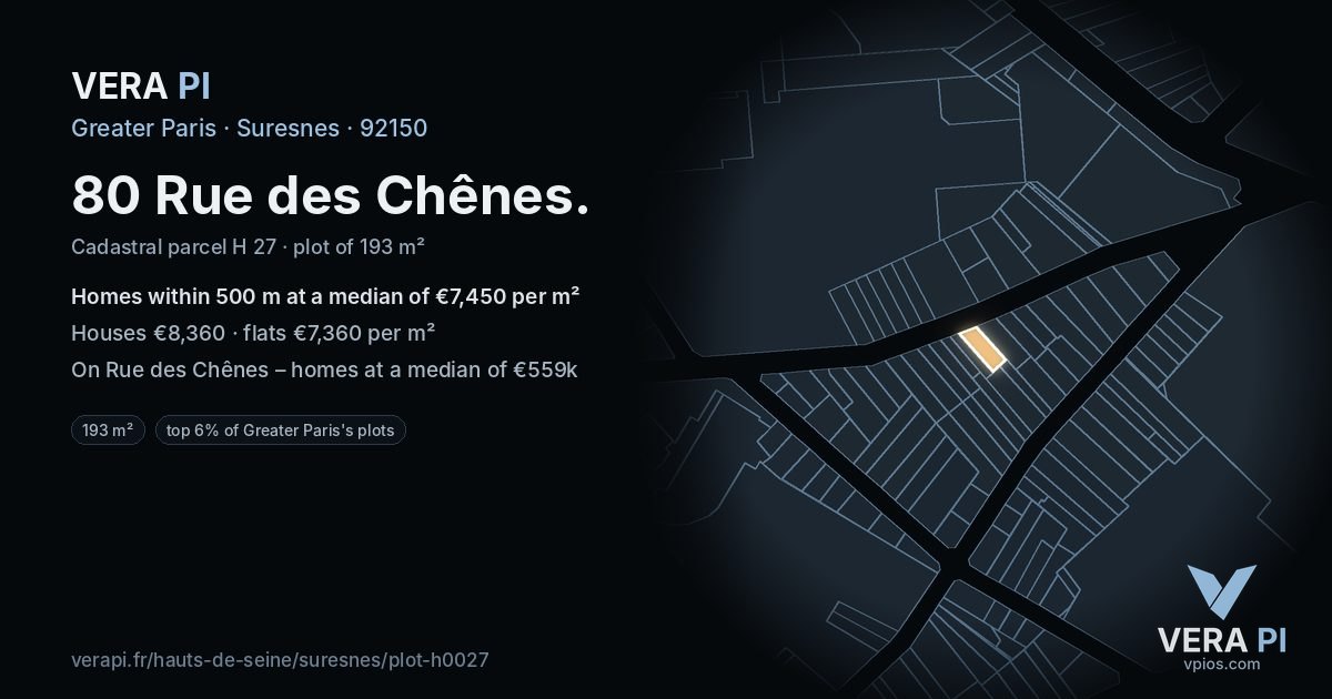 80 Rue des Chênes, Suresnes at night – the plot lit, the parcels around coloured by the prices near them