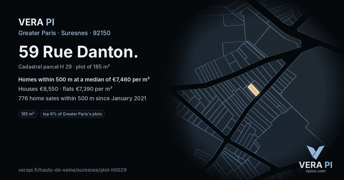 59 Rue Danton, Suresnes at night – the plot lit, the parcels around coloured by the prices near them