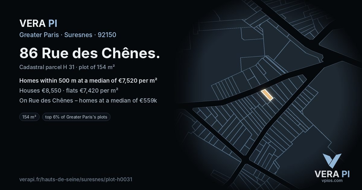 86 Rue des Chênes, Suresnes at night – the plot lit, the parcels around coloured by the prices near them