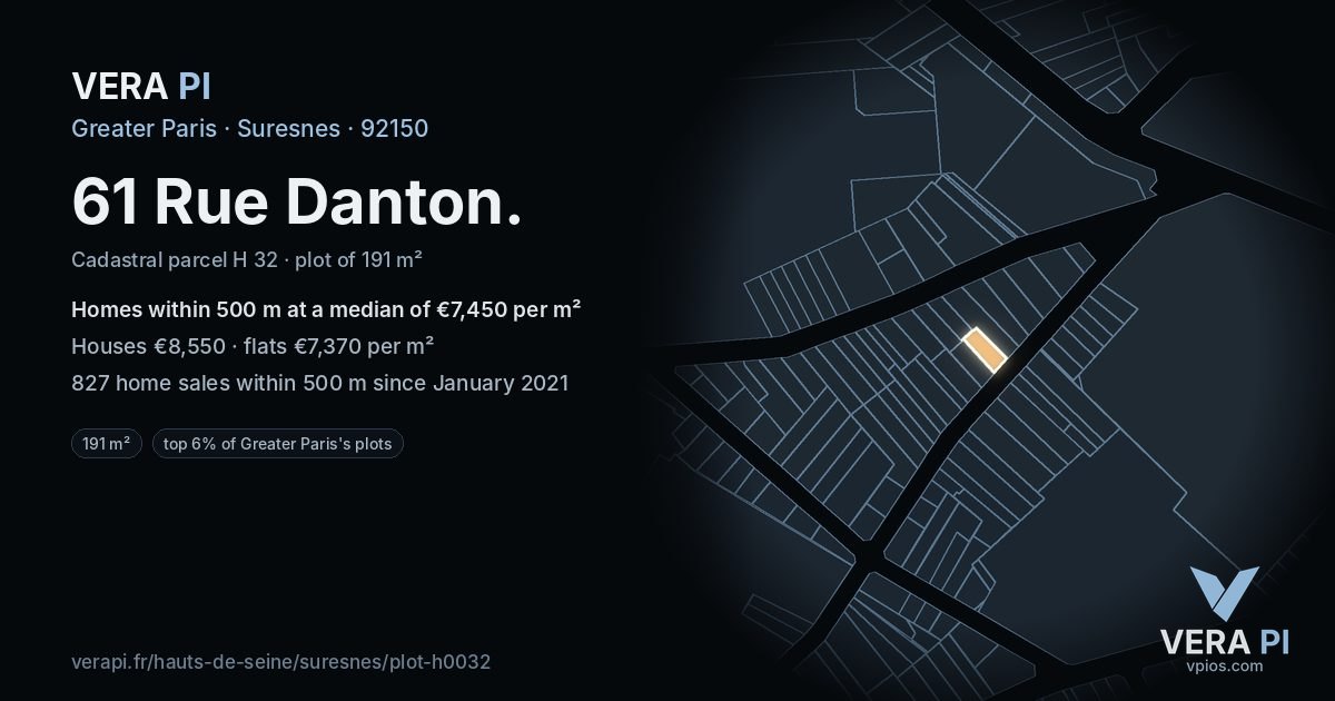 61 Rue Danton, Suresnes at night – the plot lit, the parcels around coloured by the prices near them