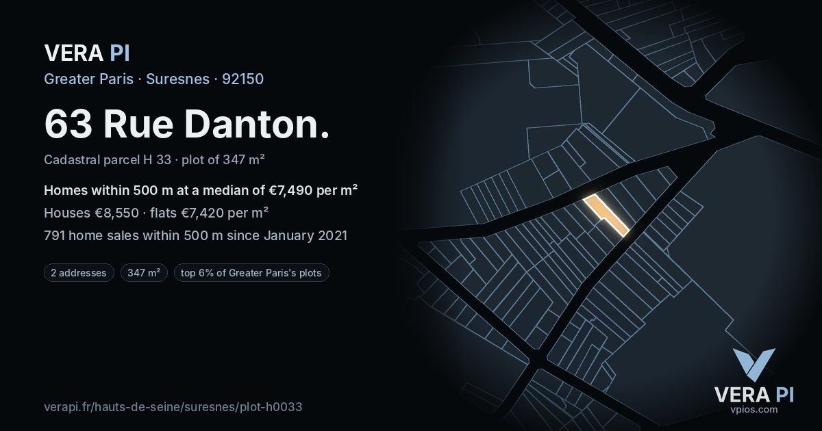 63 Rue Danton, Suresnes at night – the plot lit, the parcels around coloured by the prices near them