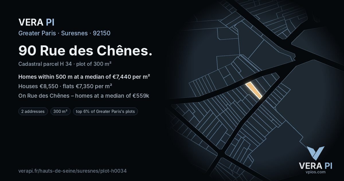 90 Rue des Chênes, Suresnes at night – the plot lit, the parcels around coloured by the prices near them