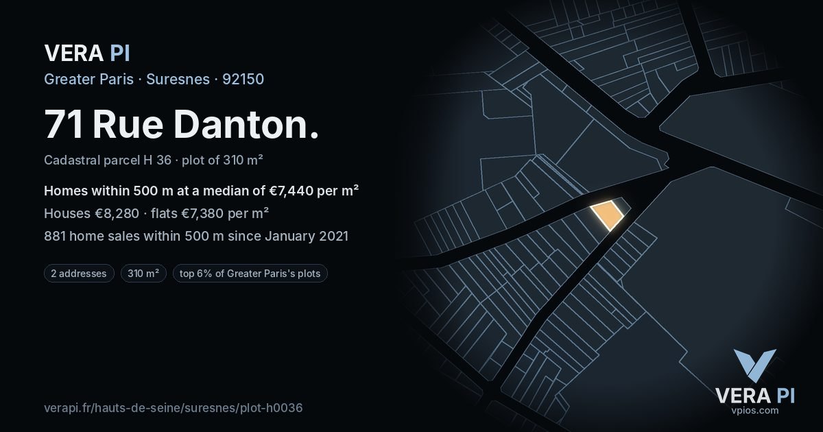 71 Rue Danton, Suresnes at night – the plot lit, the parcels around coloured by the prices near them