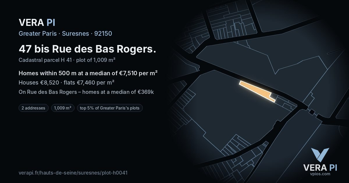 47 bis Rue des Bas Rogers, Suresnes at night – the plot lit, the parcels around coloured by the prices near them