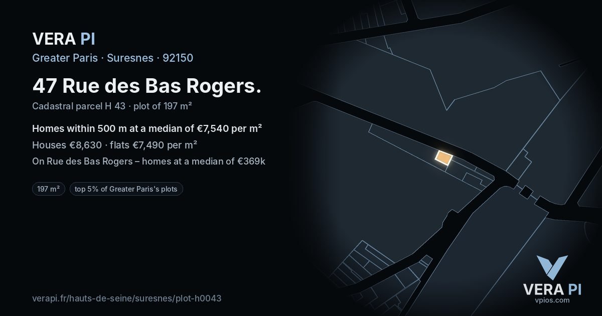 47 Rue des Bas Rogers, Suresnes at night – the plot lit, the parcels around coloured by the prices near them