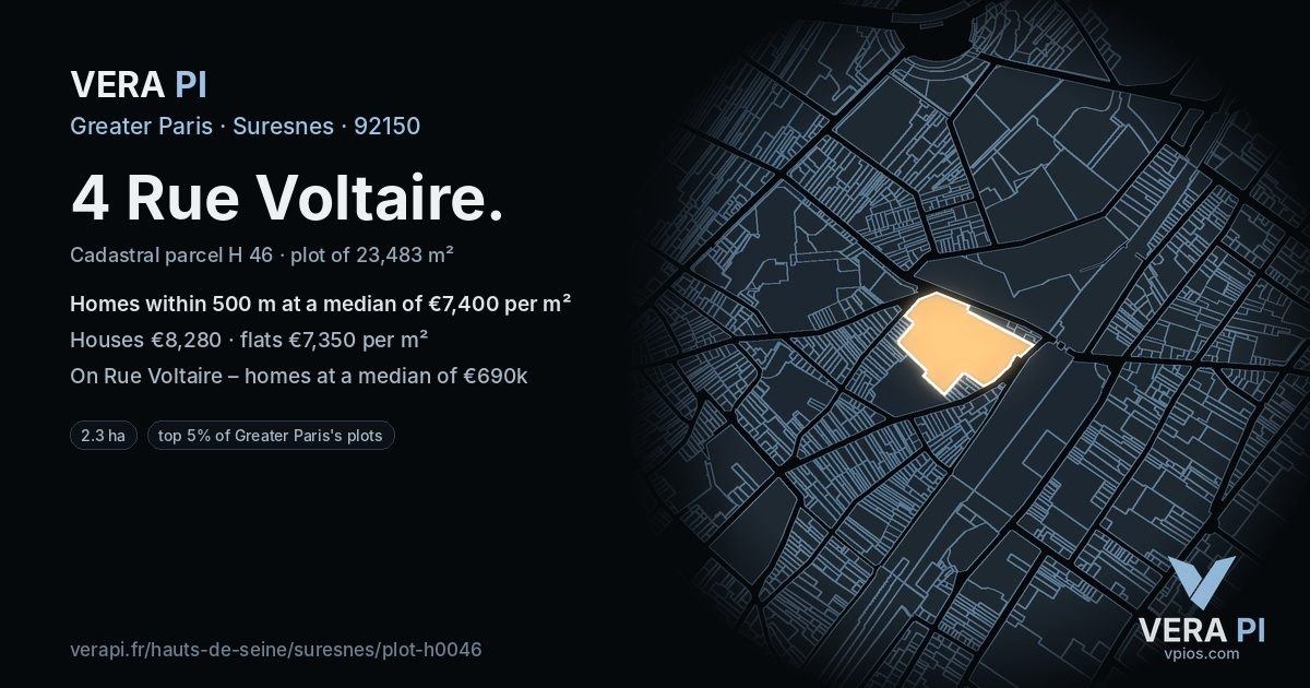 4 Rue Voltaire, Suresnes at night – the plot lit, the parcels around coloured by the prices near them