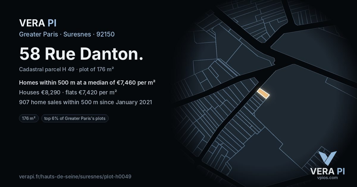 58 Rue Danton, Suresnes at night – the plot lit, the parcels around coloured by the prices near them