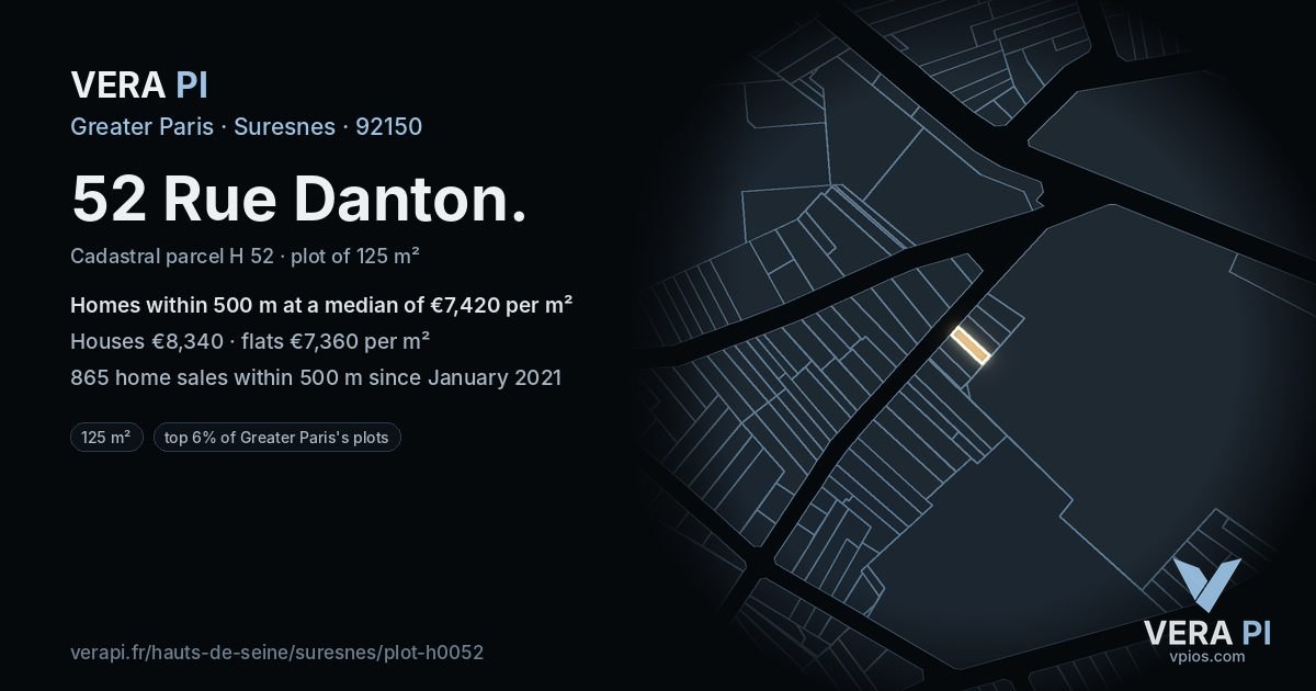52 Rue Danton, Suresnes at night – the plot lit, the parcels around coloured by the prices near them