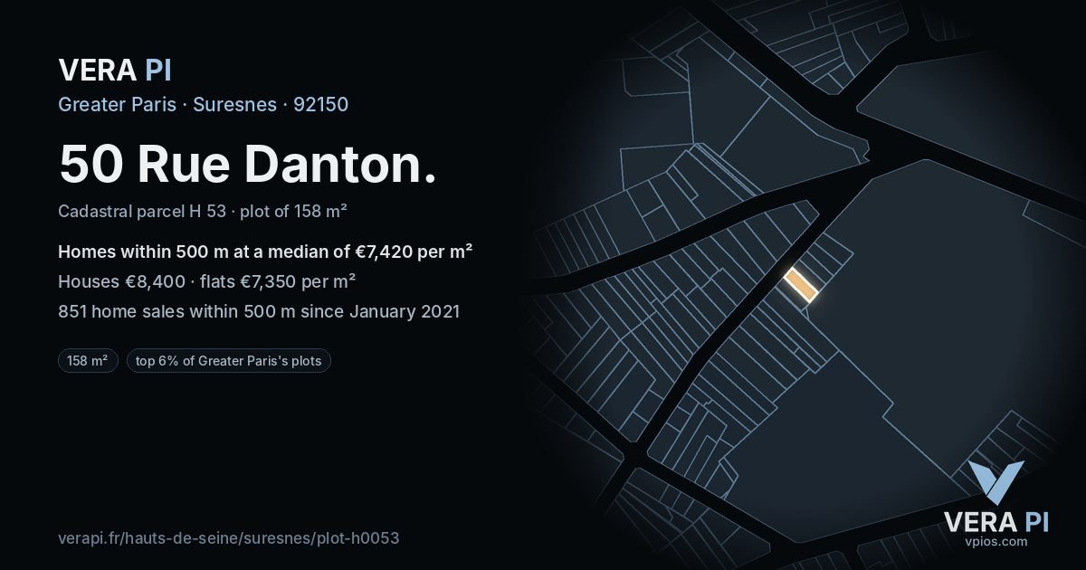 50 Rue Danton, Suresnes at night – the plot lit, the parcels around coloured by the prices near them