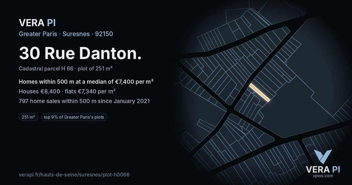 30 Rue Danton, Suresnes at night – the plot lit, the parcels around coloured by the prices near them