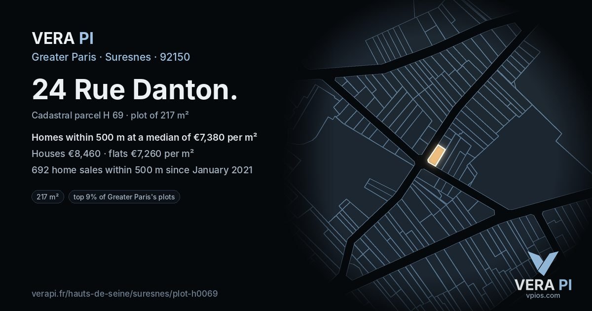 24 Rue Danton, Suresnes at night – the plot lit, the parcels around coloured by the prices near them