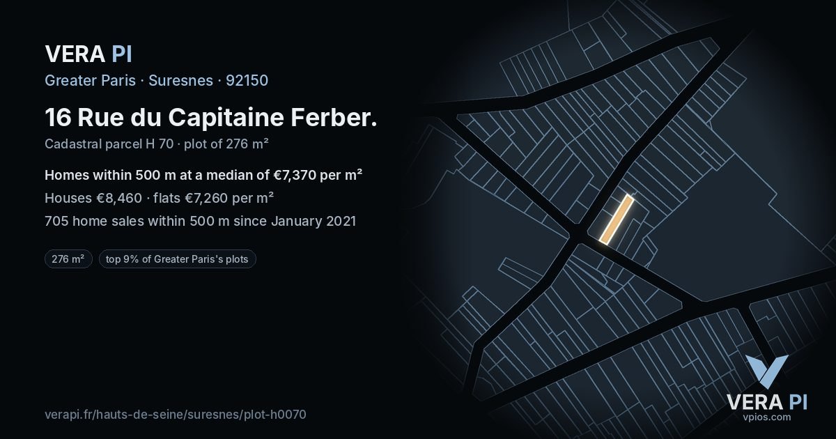 16 Rue du Capitaine Ferber, Suresnes at night – the plot lit, the parcels around coloured by the prices near them