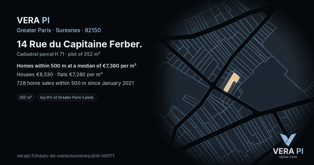 14 Rue du Capitaine Ferber, Suresnes at night – the plot lit, the parcels around coloured by the prices near them