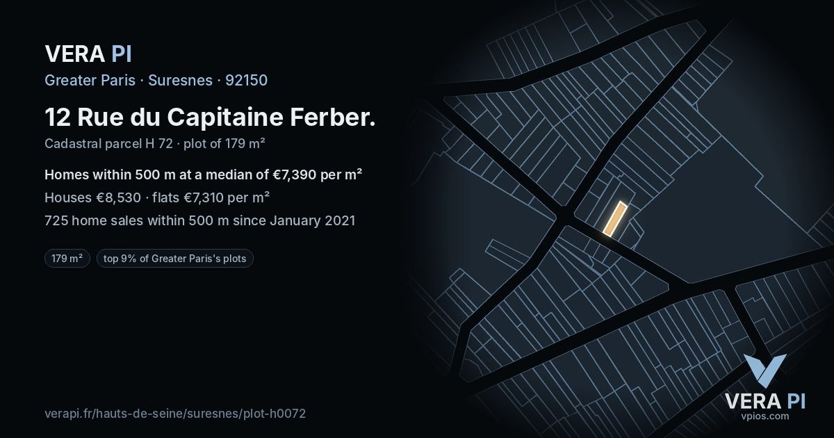 12 Rue du Capitaine Ferber, Suresnes at night – the plot lit, the parcels around coloured by the prices near them