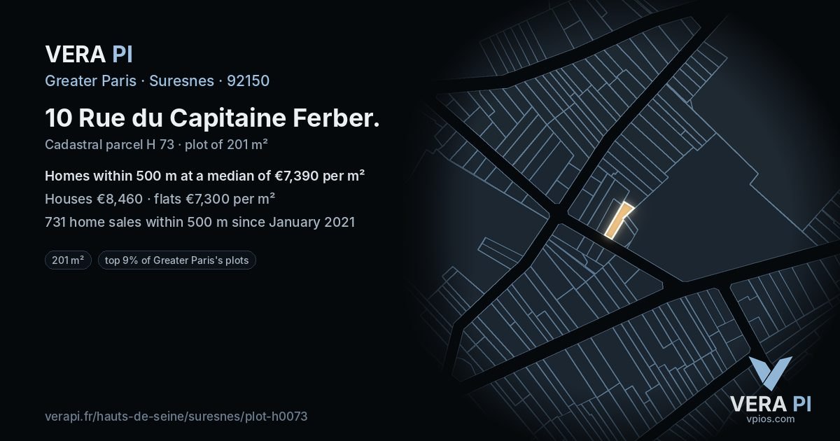 10 Rue du Capitaine Ferber, Suresnes at night – the plot lit, the parcels around coloured by the prices near them