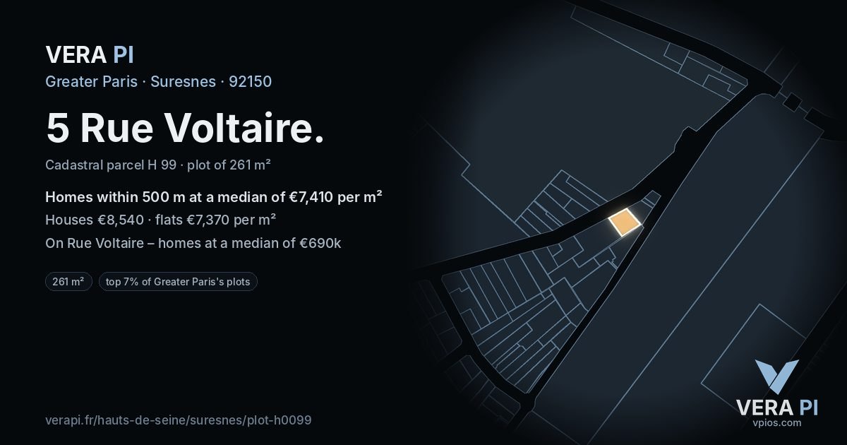 5 Rue Voltaire, Suresnes at night – the plot lit, the parcels around coloured by the prices near them