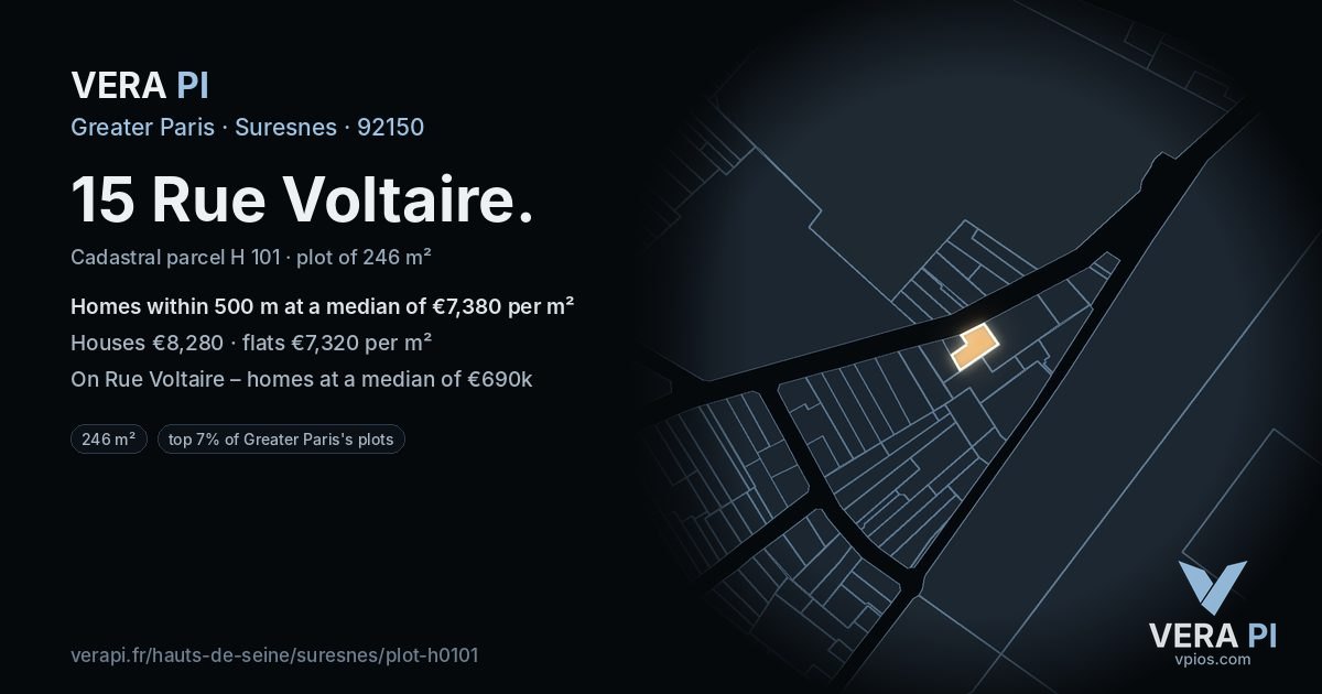 15 Rue Voltaire, Suresnes at night – the plot lit, the parcels around coloured by the prices near them