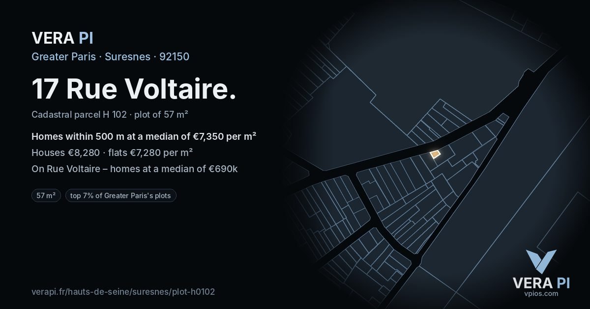 17 Rue Voltaire, Suresnes at night – the plot lit, the parcels around coloured by the prices near them