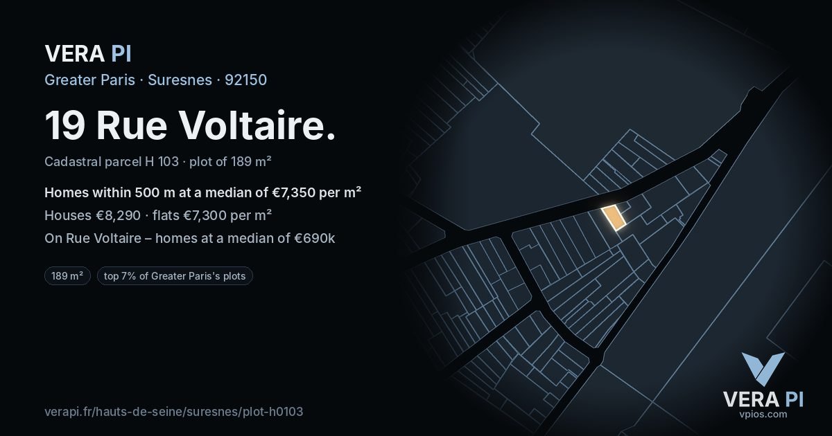19 Rue Voltaire, Suresnes at night – the plot lit, the parcels around coloured by the prices near them