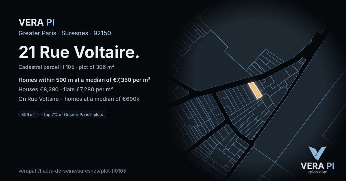 21 Rue Voltaire, Suresnes at night – the plot lit, the parcels around coloured by the prices near them
